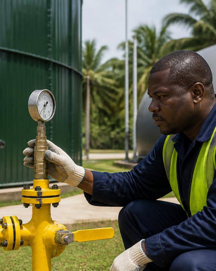 Engineer checking a gas pressure gauge beside a digester tank and biogas store
