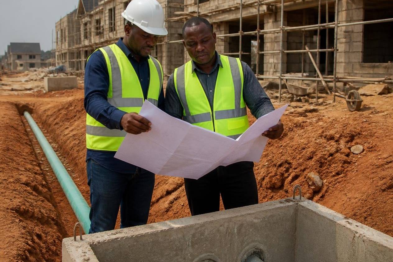 Engineers reviewing utility drawings on a housing development under construction