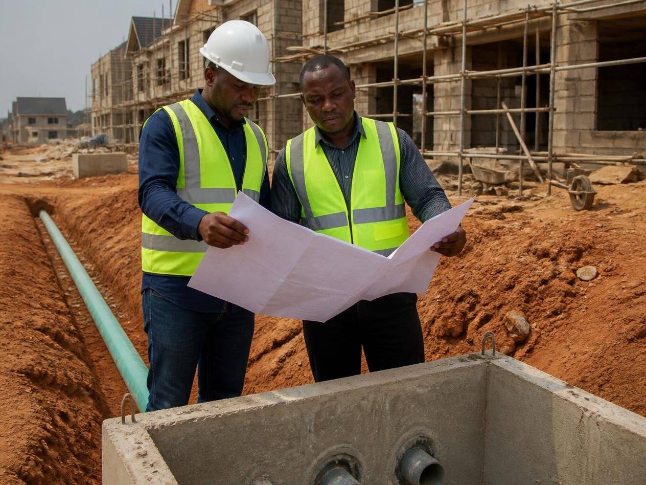 Engineers reviewing utility drawings on a housing development under construction