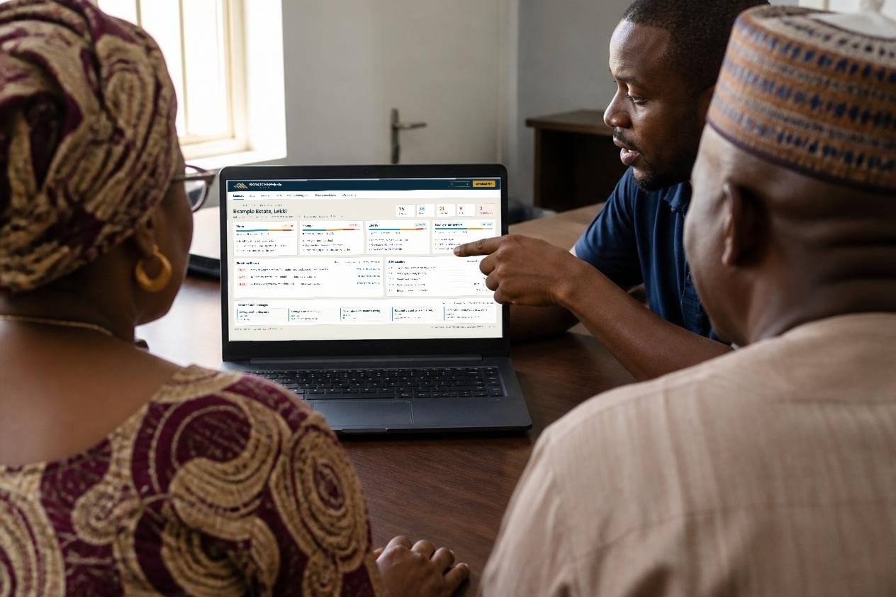 Estate committee reviewing a sample Health Check report on a laptop