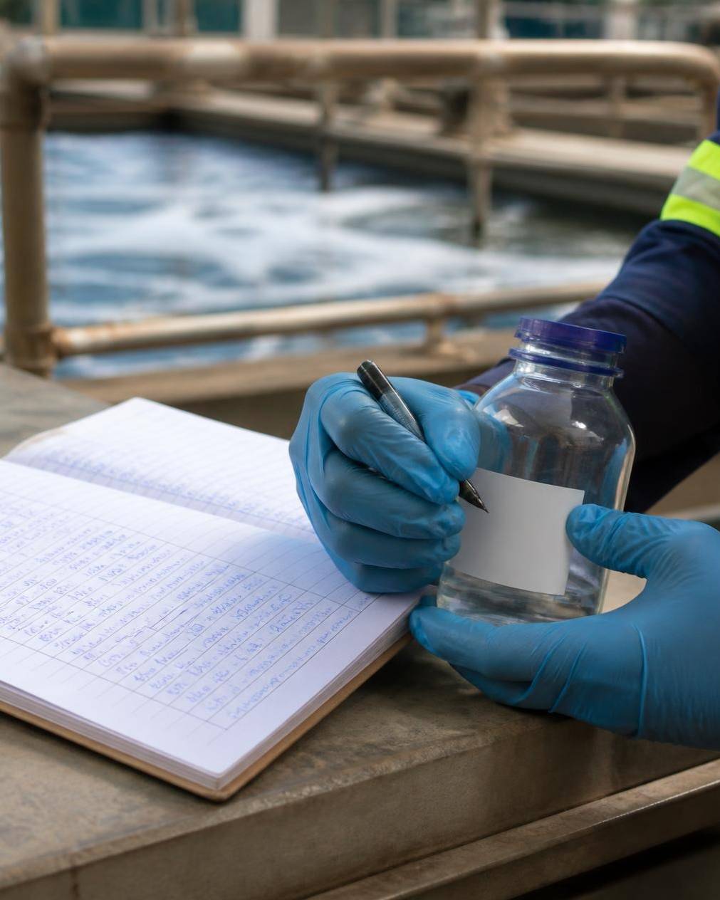 Labelling an effluent sample beside a plant logbook