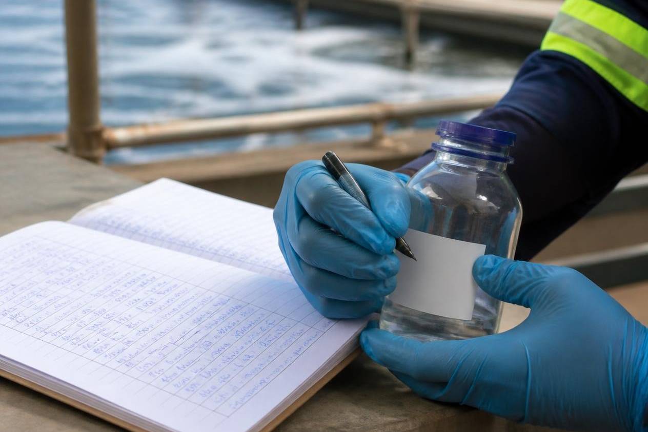 Labelling an effluent sample beside a plant logbook