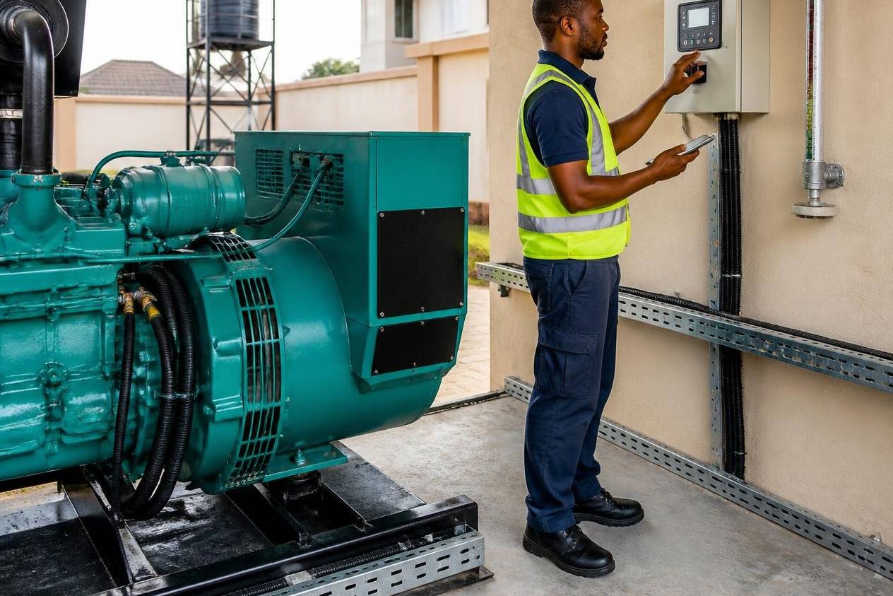 Technician checking a generator control panel beside an estate diesel generator