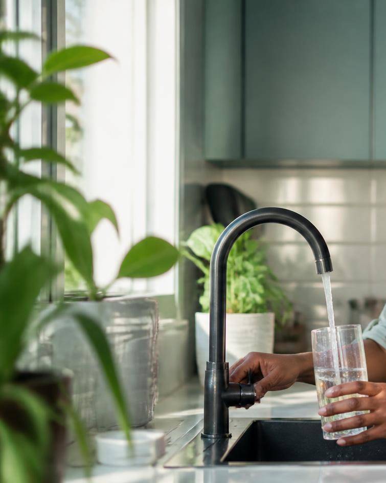 Filling a glass with clean water from a kitchen tap