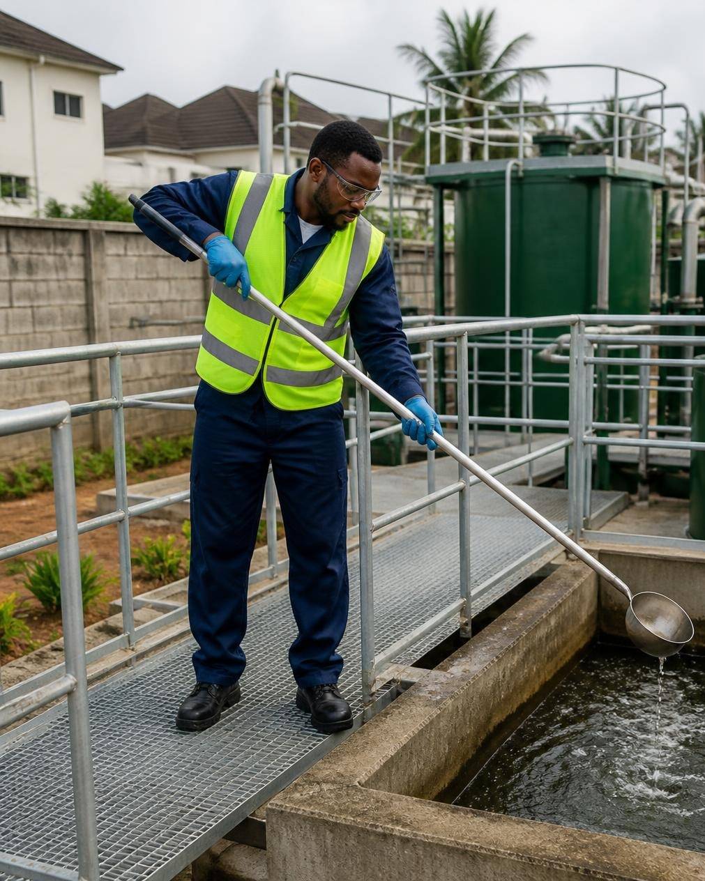 Engineer collecting an effluent sample at an estate sewage treatment plant