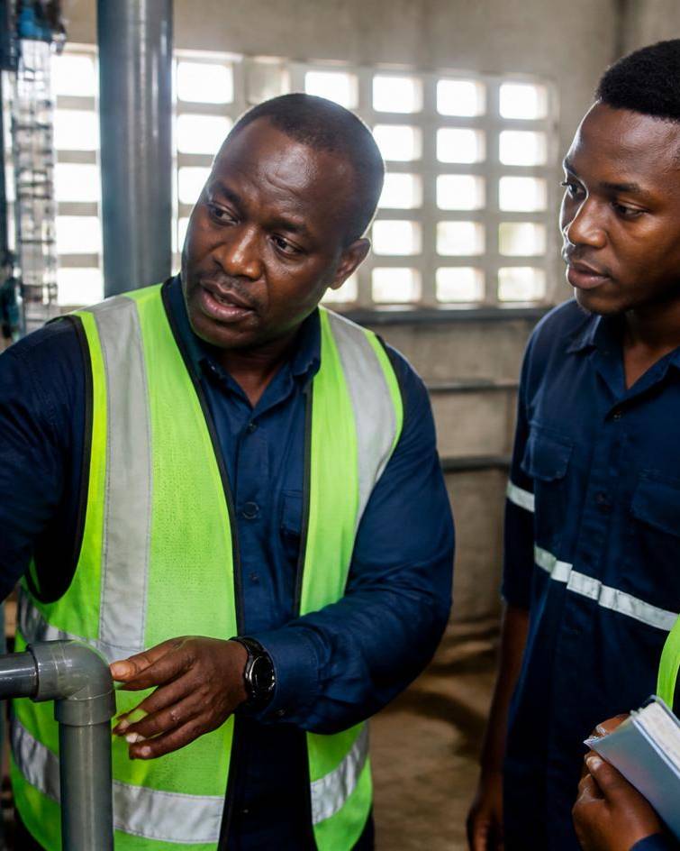 Senior engineer showing two trainees how to read a flow meter