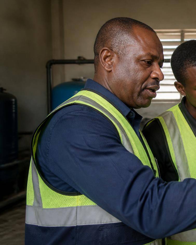 Senior engineer training two technicians at water filter vessels