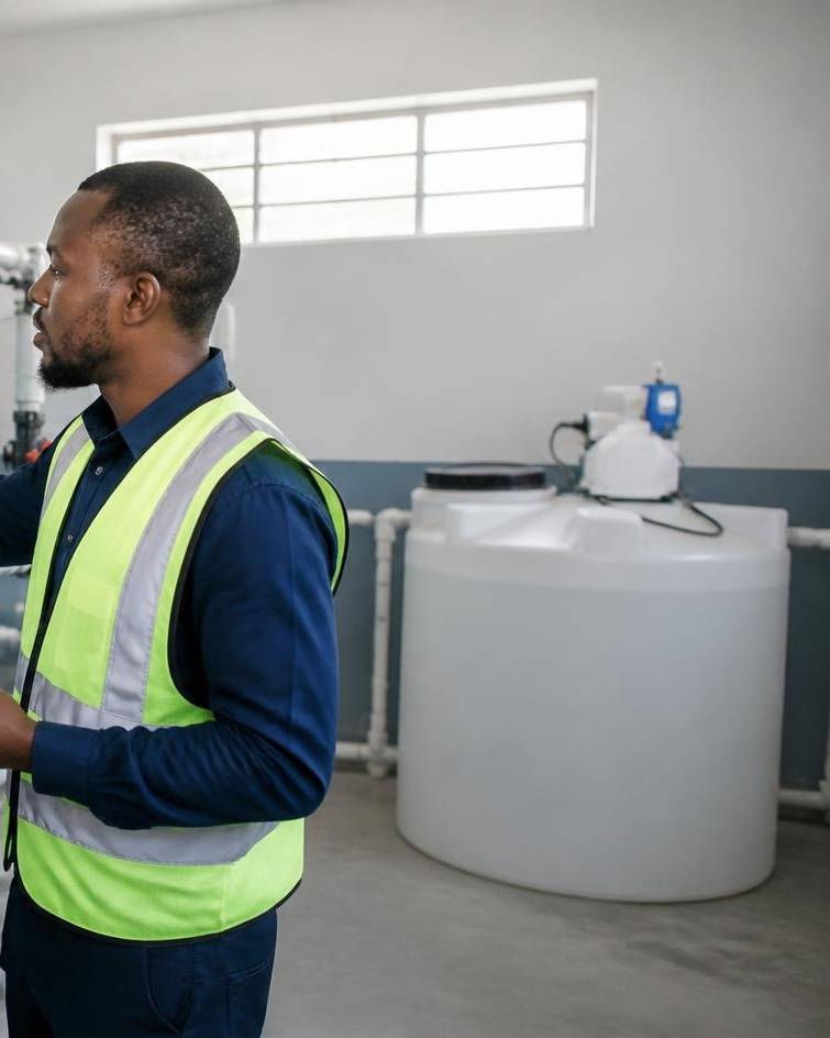 Technician reading a pressure gauge in an estate water treatment room